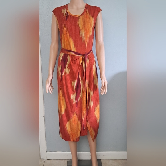 Lauren Ralph Lauren Women's Dress Size M Red Orange Abstract Print Belted Midi - Picture 1 of 9